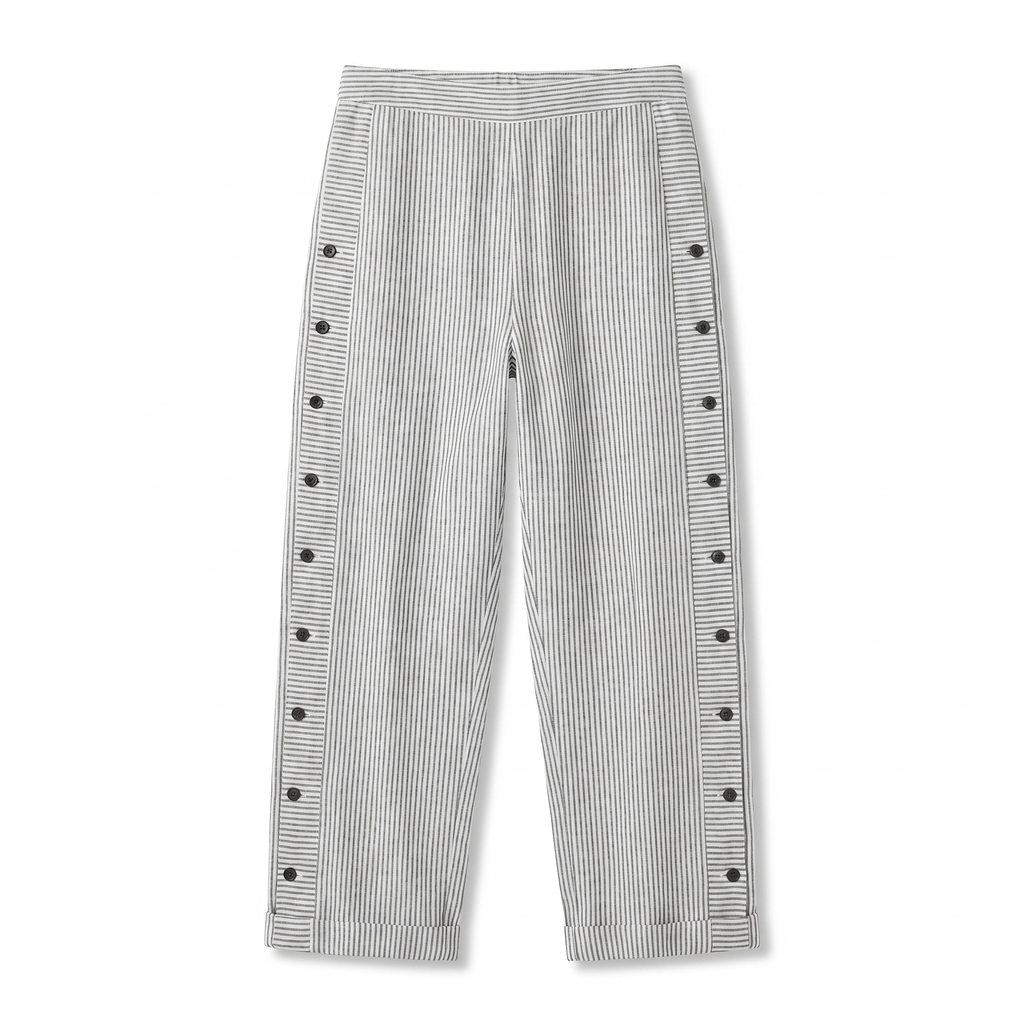 Women’s grey striped trousers with button-trim side panels and relaxed straight-leg fit
