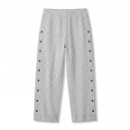 Women’s grey striped trousers with button-trim side panels and relaxed straight-leg fit
