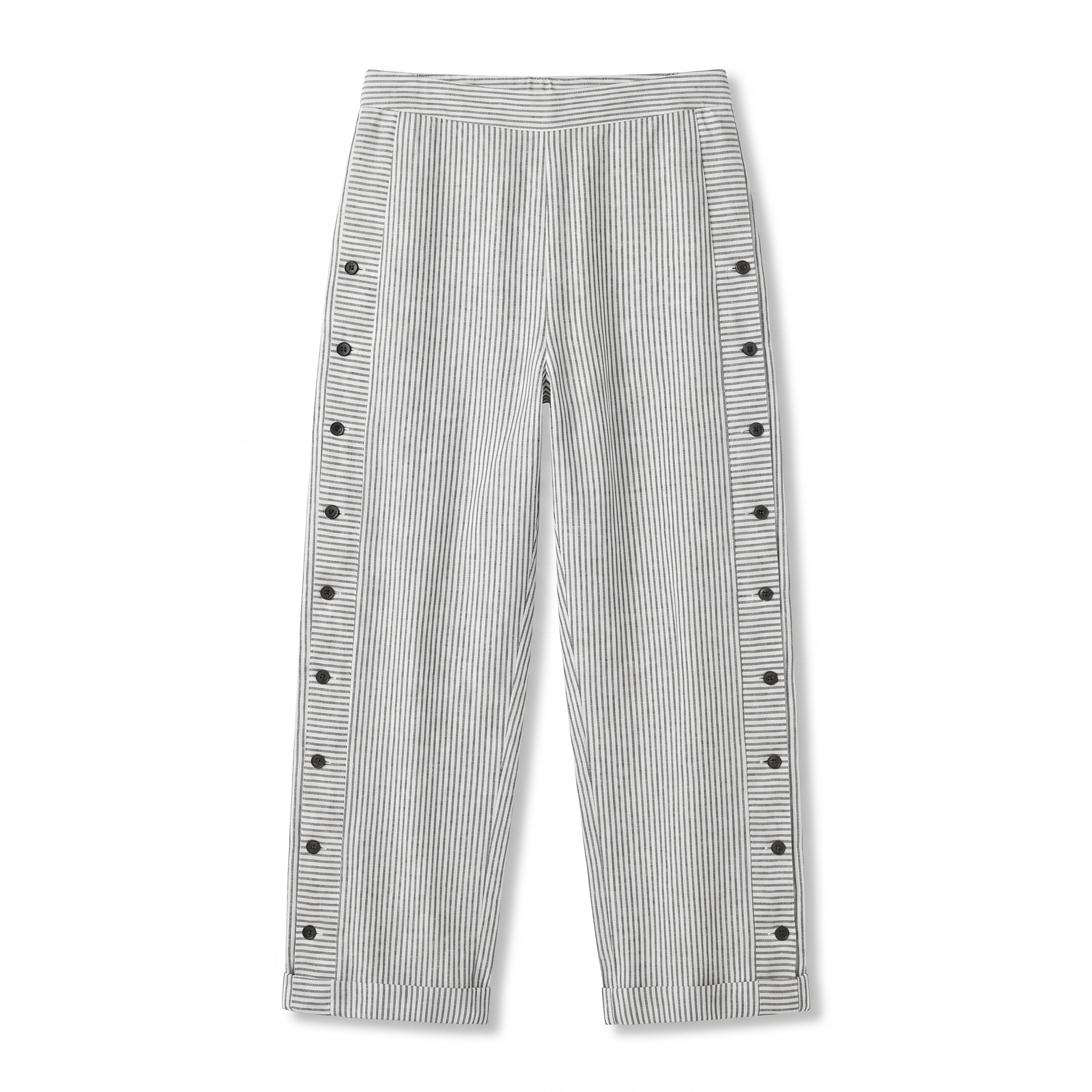 Women’s grey striped trousers with button-trim side panels and relaxed straight-leg fit