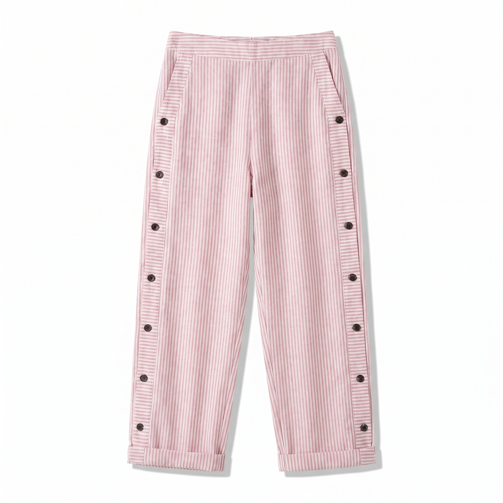 Women’s pink striped trousers with button-trim side panels and relaxed cuffed hem