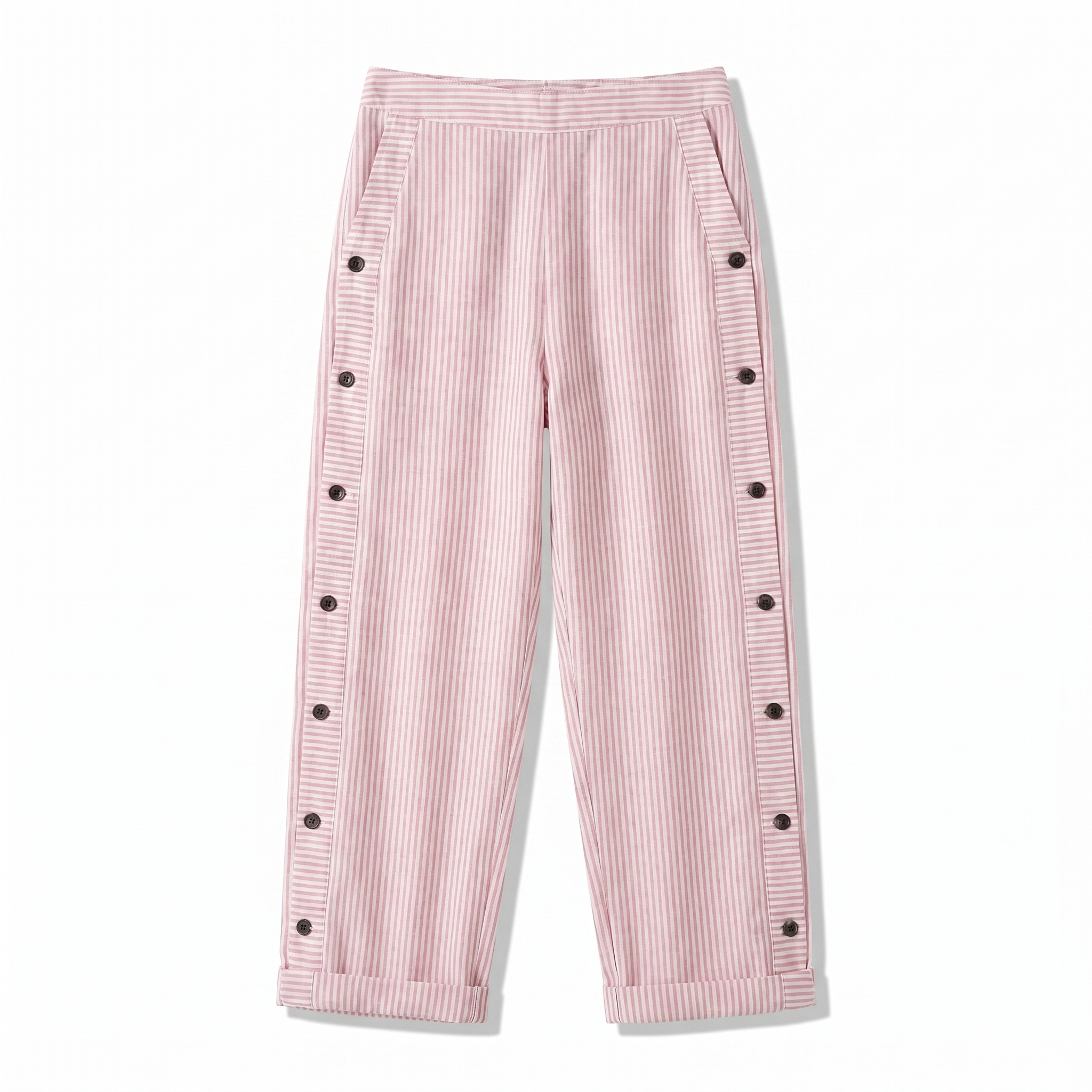 Women’s pink striped trousers with button-trim side panels and relaxed cuffed hem