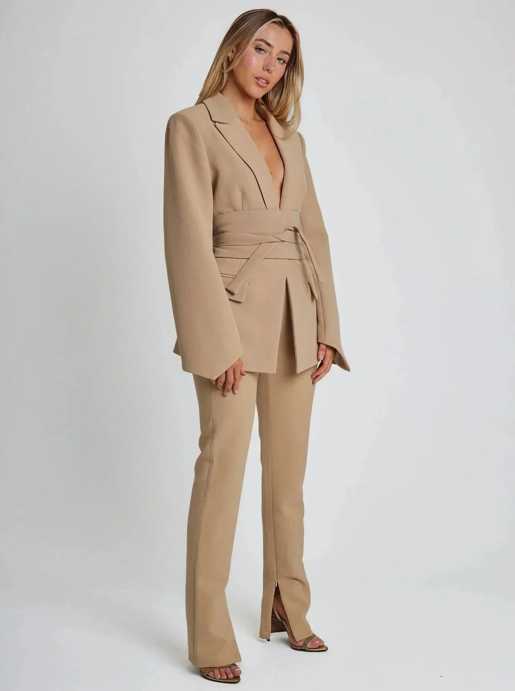 Women’s Tie-Waist Wrap Suit Blazer - Long Sleeve V-Neck Workwear Jacket
