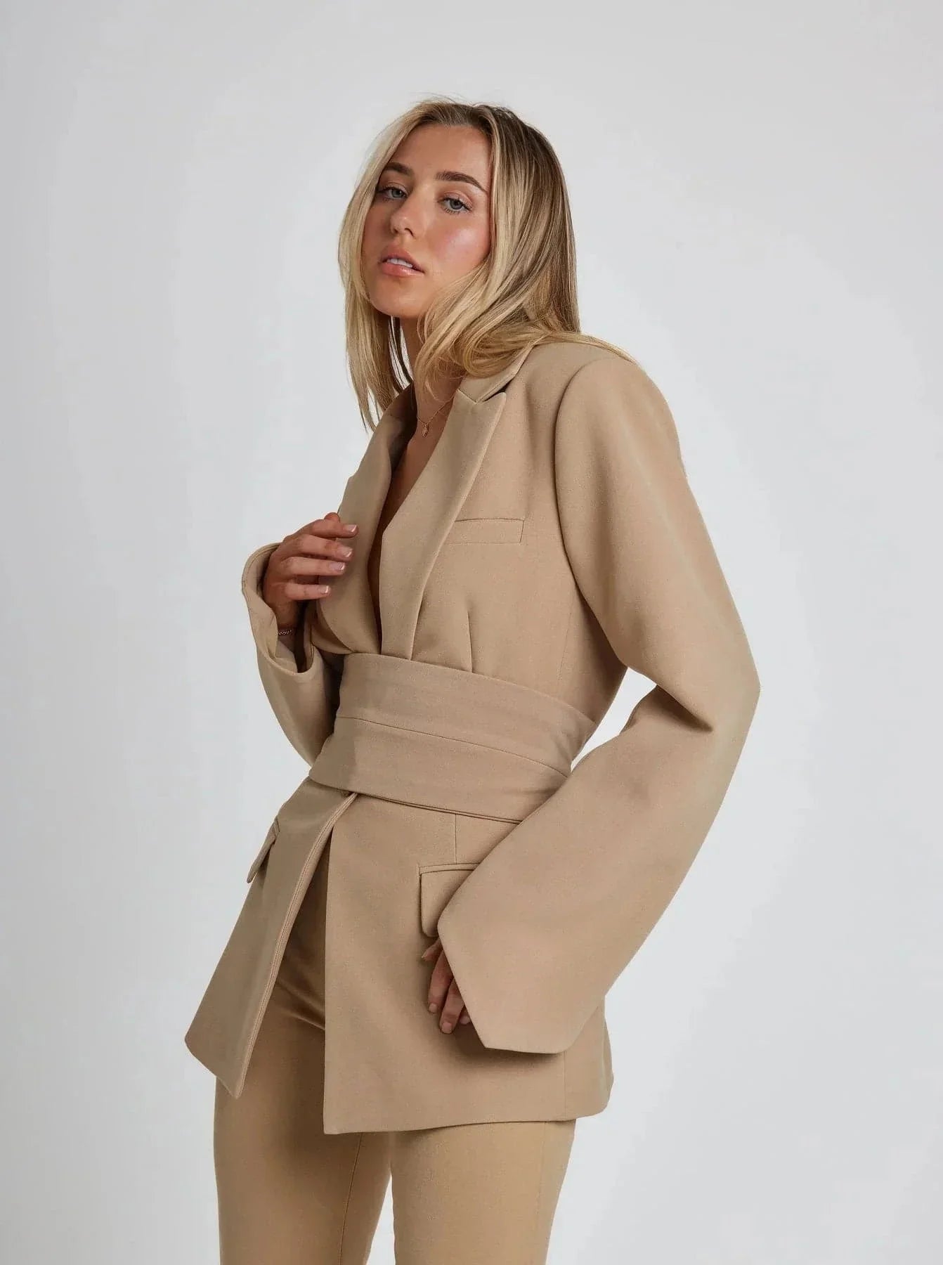 Women’s Tie-Waist Wrap Suit Blazer - Long Sleeve V-Neck Workwear Jacket