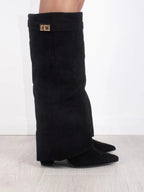 Black knee-high suede boots with wide top band and gold buckle detail, block heel