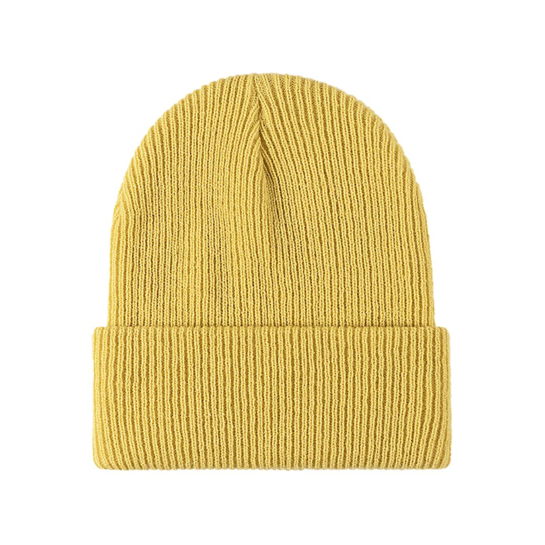 Yellow knitted beanie with ribbed fold-over brim
